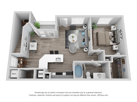 Floor plan for 1 bed, 1 bath, 851 sqft